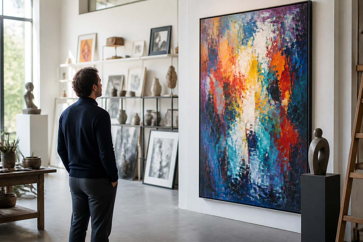Artiste contemplant une oeuvre vibrante
