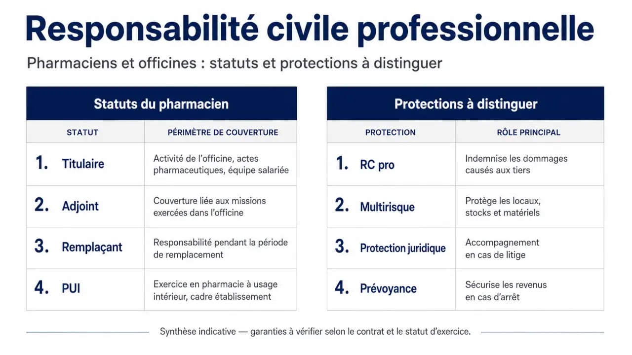 Responsabilité civile professionnelle pour les pharmaciens et officines : infographie comparative des statuts et des garanties