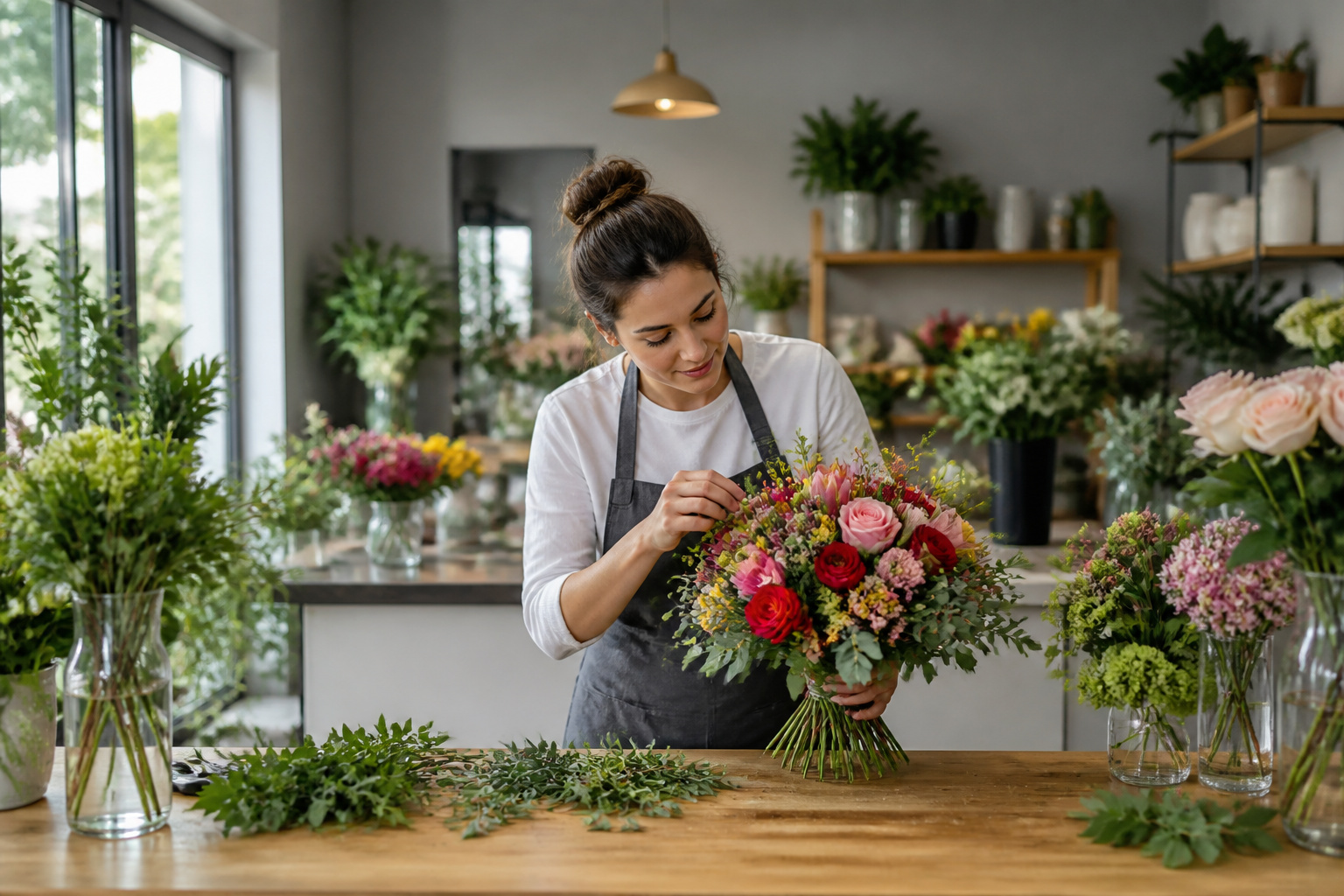 Fleuriste creant un bouquet colore