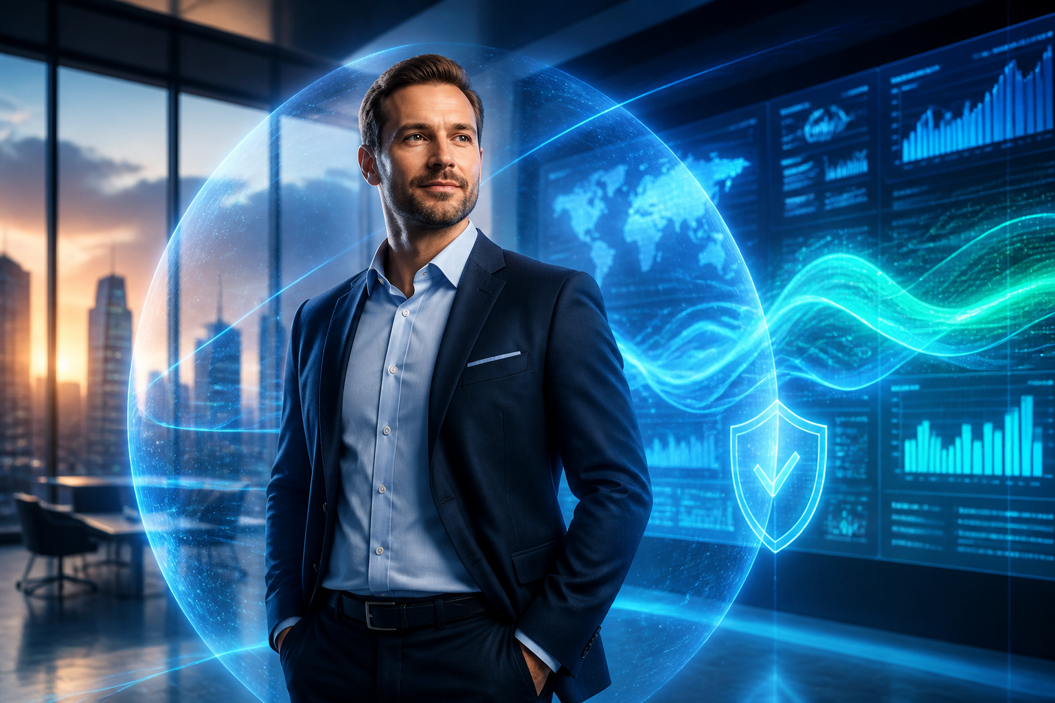 Homme daffaires protege dans un univers numerique