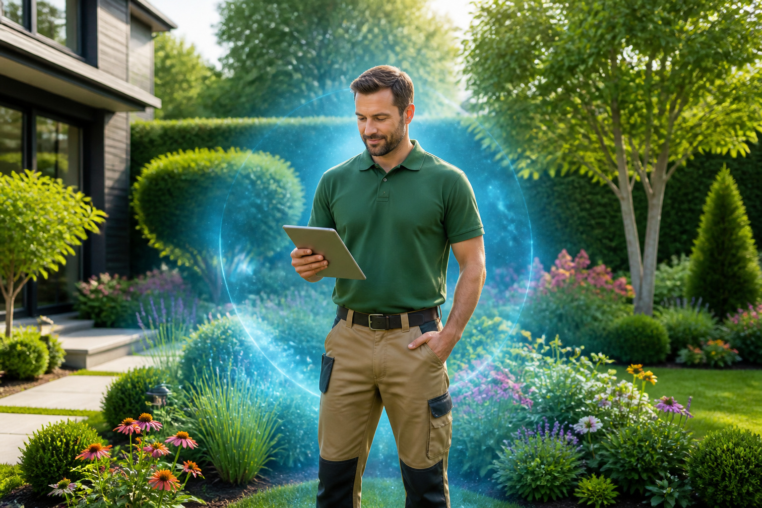 Paysagiste confiant avec tablette jardin moderne